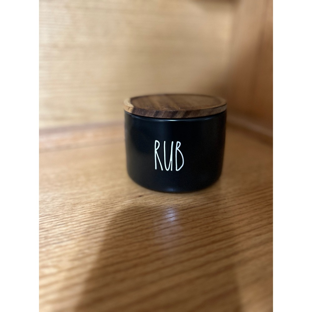 Rae Dunn RUB Spice Cellar Matte Black Ceramic Jar with Wood Lid Magenta Artisan